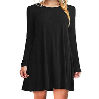 Andongnywell Women's Plus Size Long Sleeve Splicing Solid Color Slim Loose Swing Casual Dresses Length (Black,XX-Large)