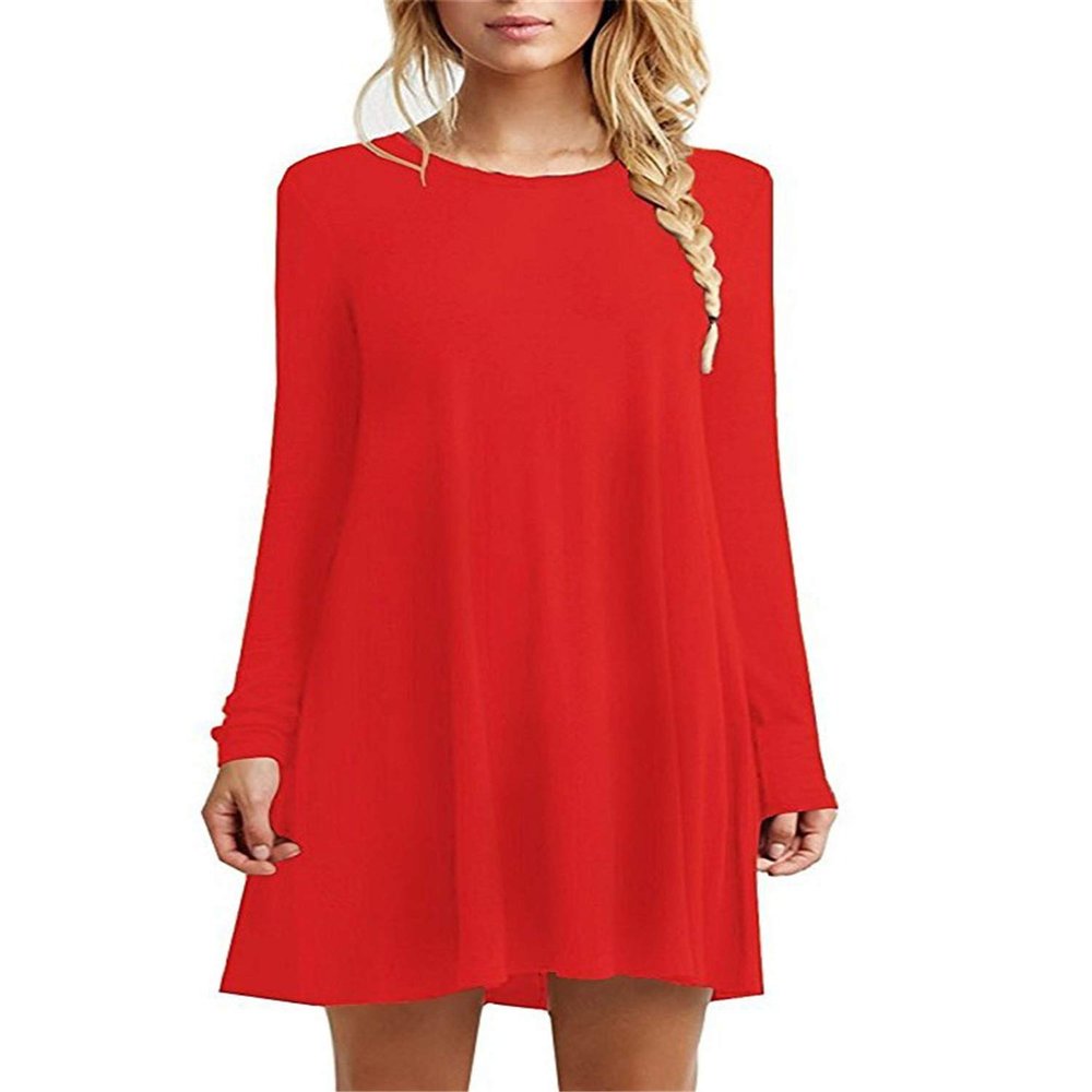 Andongnywell Women's Long Sleeve Loose Plain Dresses Casual Dresses Patchwork Solid Color Slim Fit Dressed (Red,Small)