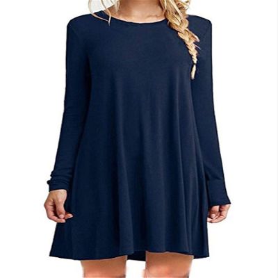 Andongnywell Women's Plus Size Solid Color Slim Summer Casual Mini Dress Long Sleeve Tshirt Dresses (Dark Blue,XX-Large)