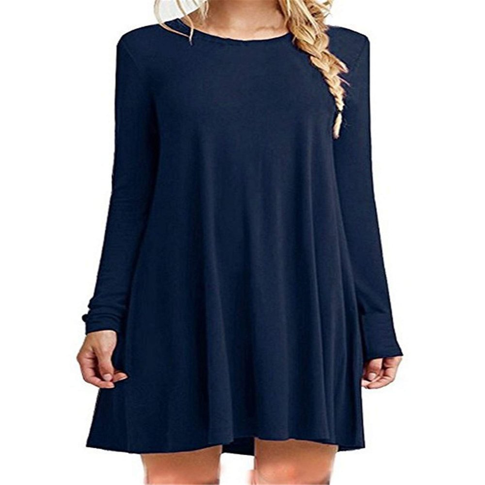 Andongnywell Women's Plus Size Solid Color Slim Summer Casual Mini Dress Long Sleeve Tshirt Dresses (Dark Blue,XX-Large)