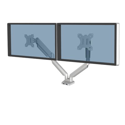 Fellowes Platinum Series Dual Monitor Arm for 40-Inch Monitors, Full Motion, 360 Rotation, VESA Mount with Grommet or Clamp, USB Ports, Ergonomic, Silver, 8056501