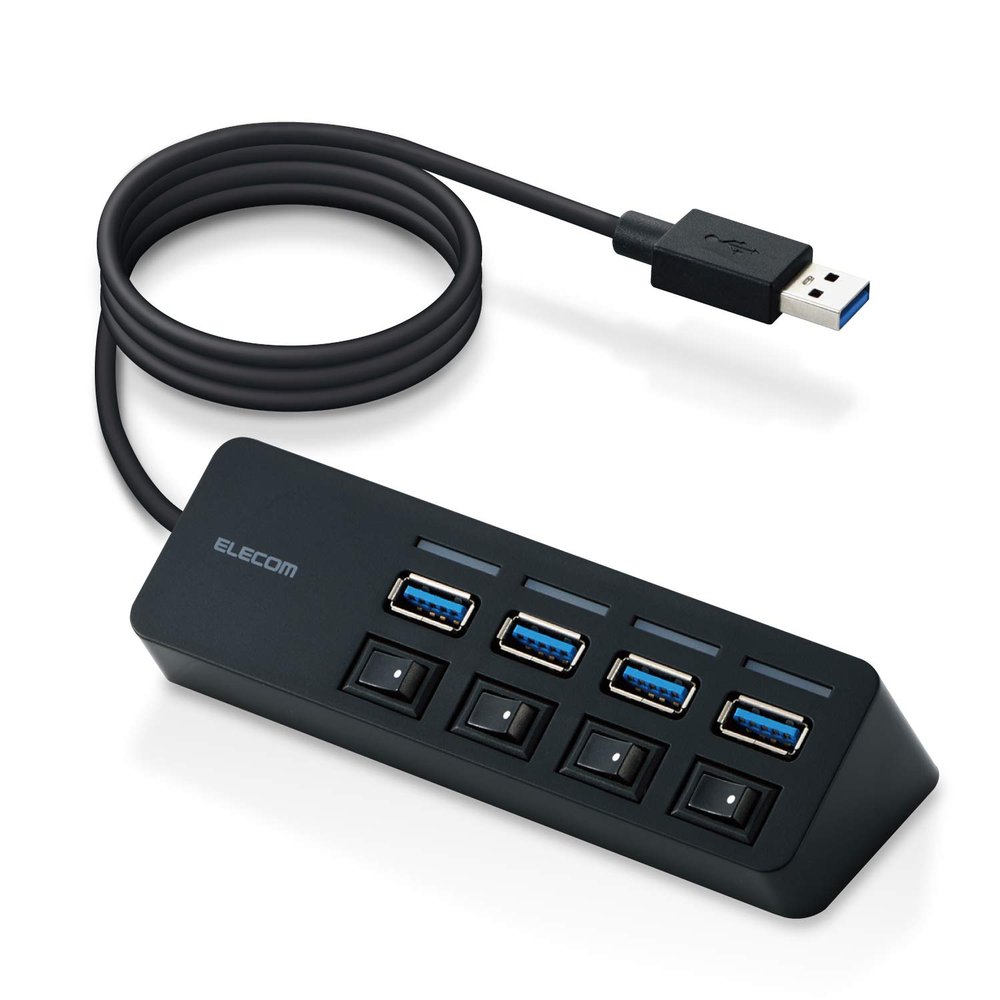 Elecom U3H-S418BBK/EC USB Hub, USB 3.0, 4 A Ports, Bus Power, Magnetic Switch, Cable Length: 3.9 ft (1.0 m), Black, Compatible with MacBook, Surface, Chromebook, and Other Laptops