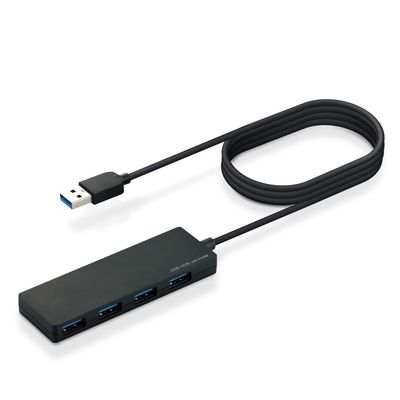 Elecom U3H-FC04BBK USB Hub, Ultra Compact and Lightweight Design, USB 3.0 A Ports x 4, Cable 4.9 ft (1.5 m), Black, Compatible with MacBook, Surface, Chromebook, and Other Laptops