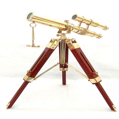 Antique Brass Foldable Handmade Telescope with Wooden Adjustable Tripod (Double Barrel Polished Brass)