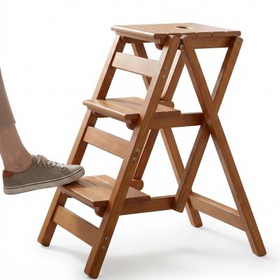 Step Stool for Adults/Step Ladder/Counter Chair, 3-Step Folding Portable Wooden Step Stool, Anti-Slip & Lightweight (Nut - Brown)