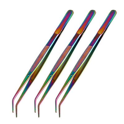 OdontoMed2011 6.25 Inch Stainless Steel Multi Rainbow Color Tweezers with Curved Serrated Tip Multipurpose Forceps for Craft Repairing (3 Pack)