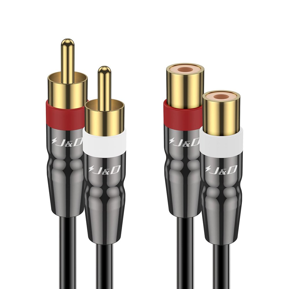 J&D 2 RCA Extension Cable Male to Female, Copper Shell Gold-Plated 2RCA Male to 2RCA Female Cable Stereo Audio Extender Cord Adapter, 15 Feet