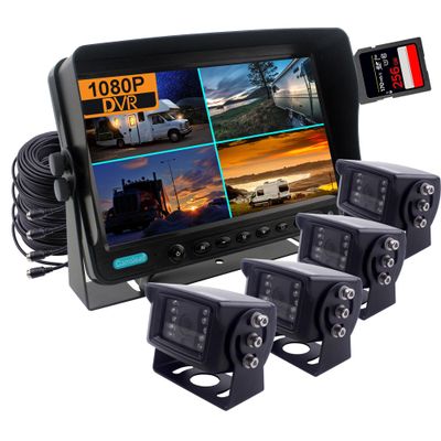 CAMSLEAD 9 inch Monitor 1080P Rear View Camera System with Wired, DVR Recorder, Support 256GB SD Card, 4 Channel Input, Quad Split Screen, 1080P Backup Camera for Trucs, Trailer, Motorhome, Caravans
