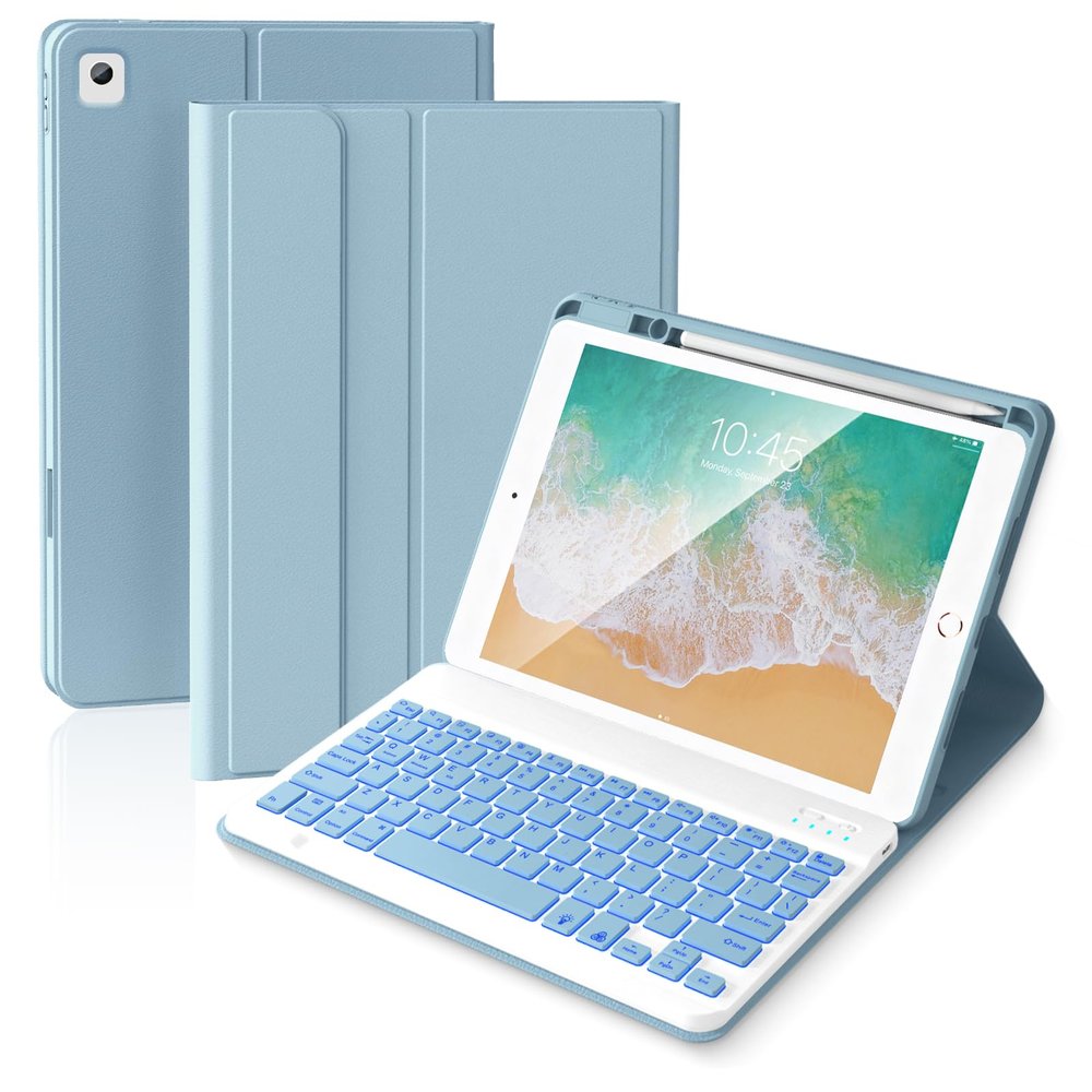 ABEIFAN iPad 6th/5th Generation Case with Keyboard 2018/2017,Smart Folio Cover, Wireless Detachable Backlit Keyboard with Pencil Holder for iPad Air 2/Air,iPad 9.7 inch,Mist Blue