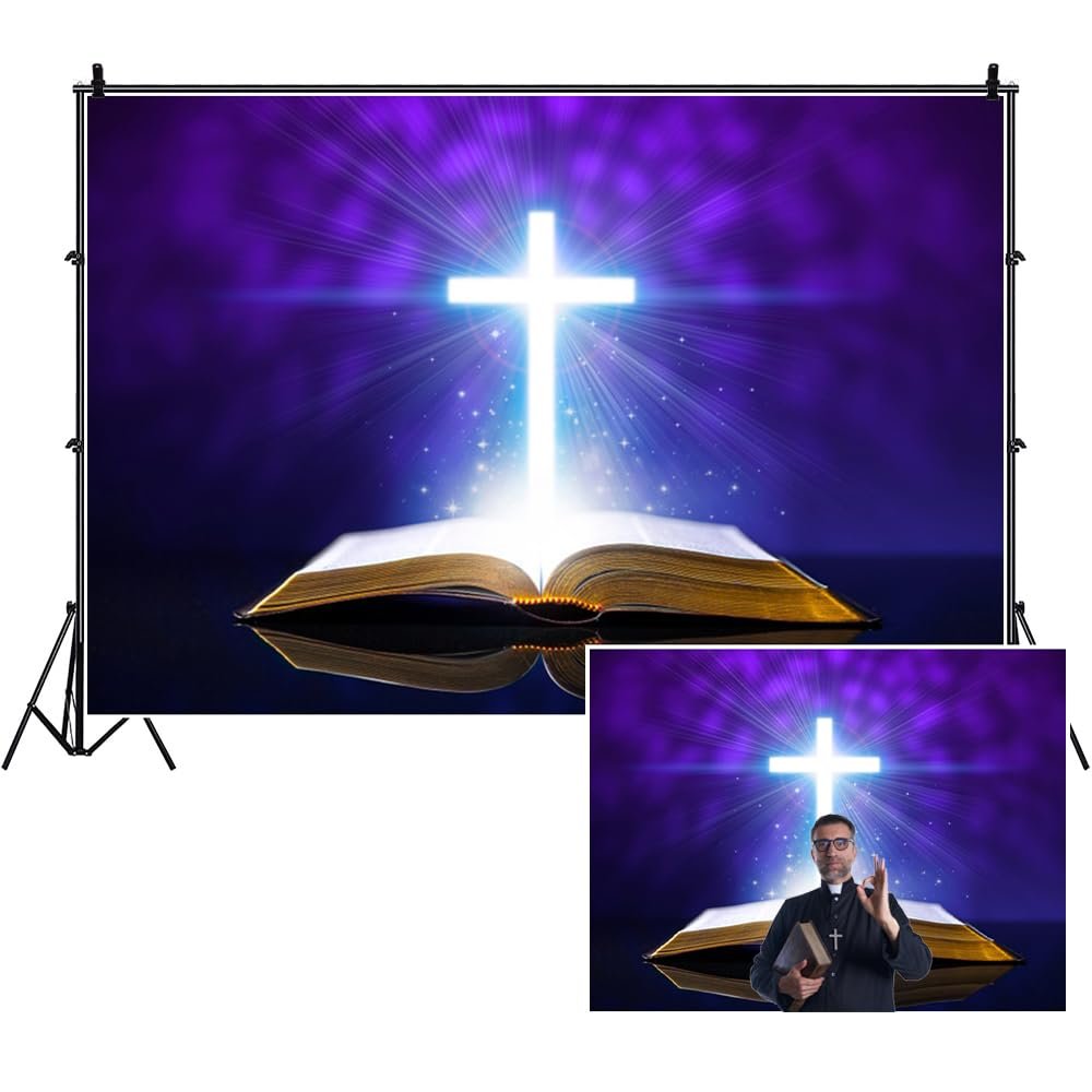 DORCEV 5x3ft Jesus Cross with Bible Photography Backdrop for Christian Family Party Background Magic Halo Bokeh Church Ceremony Decor Wallpaper Portraits Photo Studio Props