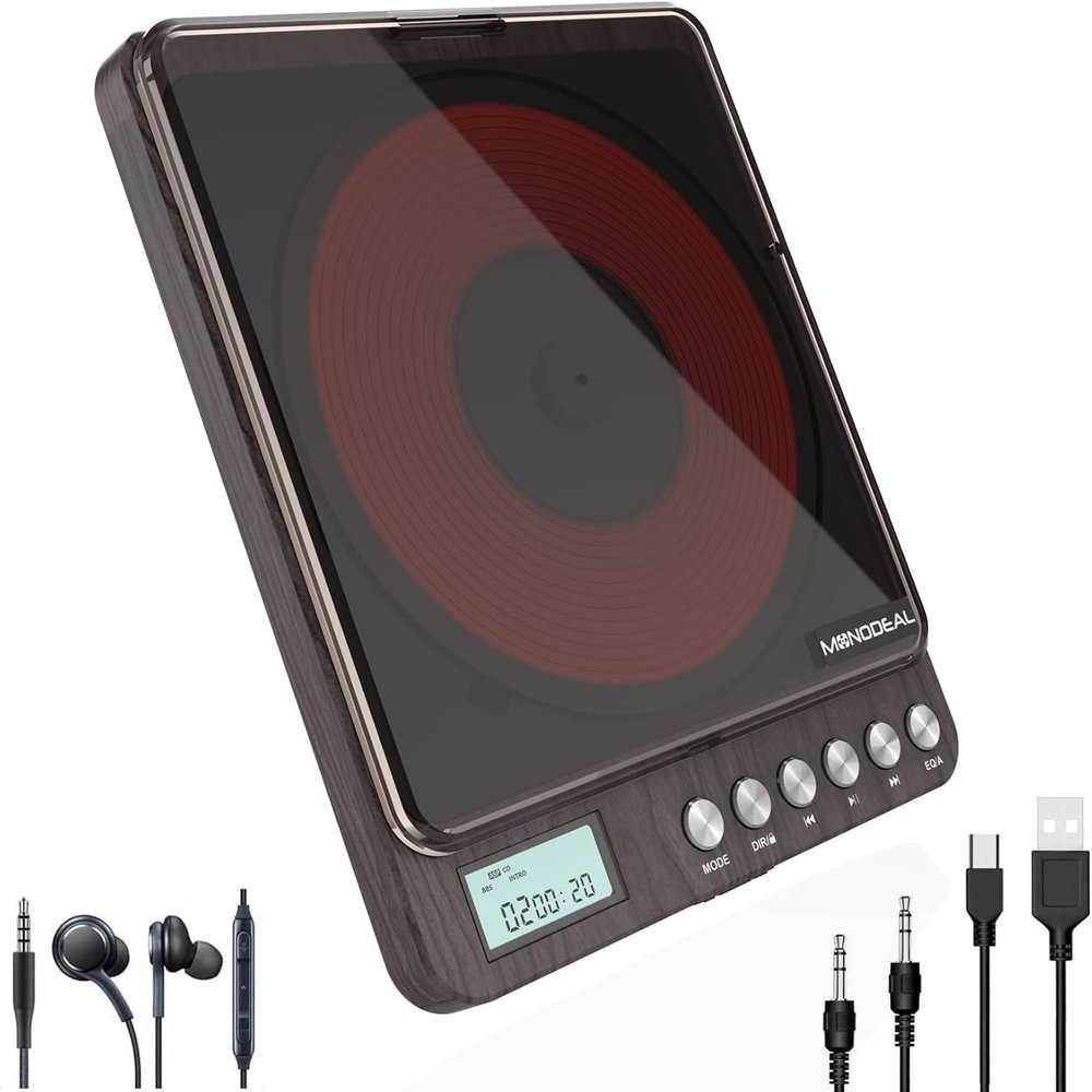 CD Player Portable, MONODEAL Portable Rechargeable Player with Dual Headphones Jack, Small Anti-Skip CD Player for Car/Travel/Home, Personal CD Player for Home(Dark Brown)