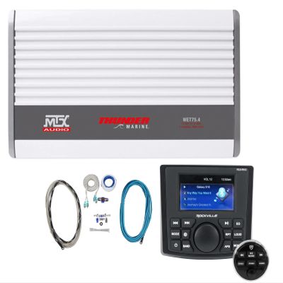 Rockville RGHR45 4 Zone Marine Gauge Hole Receiver Remote Bundle with MTX WET75.4 Amp Compatible with Boat/ATV/UTV/RZR/Cart,Rockville RMWK8 8 AWG Amp Install Wire Kit & MRCA25 RCA Cable (4 Items)