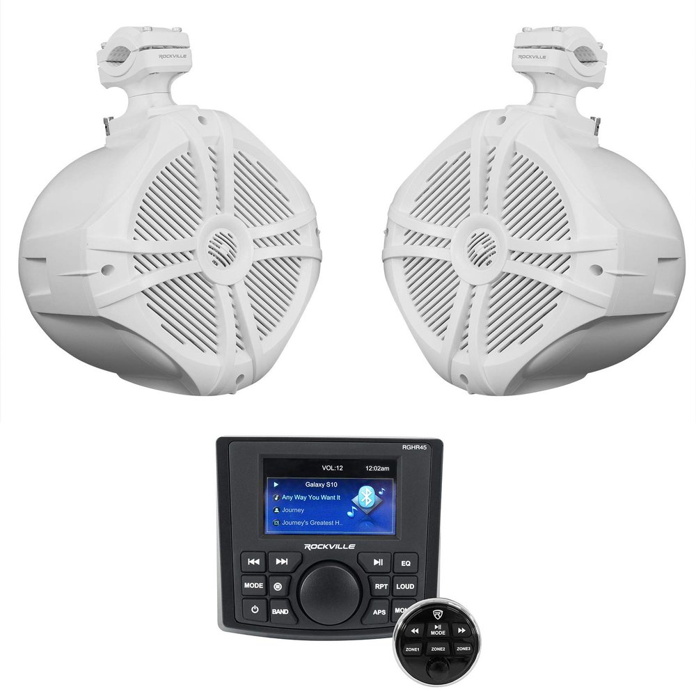 Rockville RWB90W Bundle: (2) 8-in 300-Watt White Marine Wakeboard 360 Swivel Tower Speakers, RGHR45 4-Zone Marine Gauge Hole Receiver, Bluetooth, Radio, Wired Remote, 3-Items