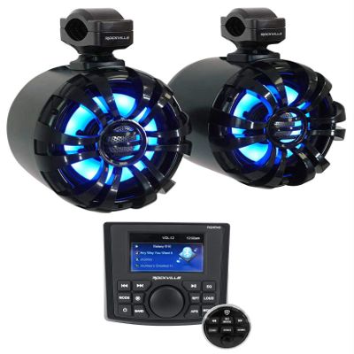 Rockville Marine Audio Bundle: (2) WB65KLED Black 6.5" 300W Peak LED Wakeboard Tower Speakers with Remote, RGHR45 4 Zone Marine Gauge Hole Receiver with Bluetooth, Wired Remote, 3-Items