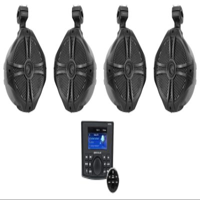 Rockville Marine Audio Bundle: (4) RWB90B 300-Watt 8" Wakeboard Tower Speakers, 360 Swivel, Waterproof, RGHR45 4-Zone Marine Gauge Hole Receiver with Bluetooth, Wired Remote, 5-Items