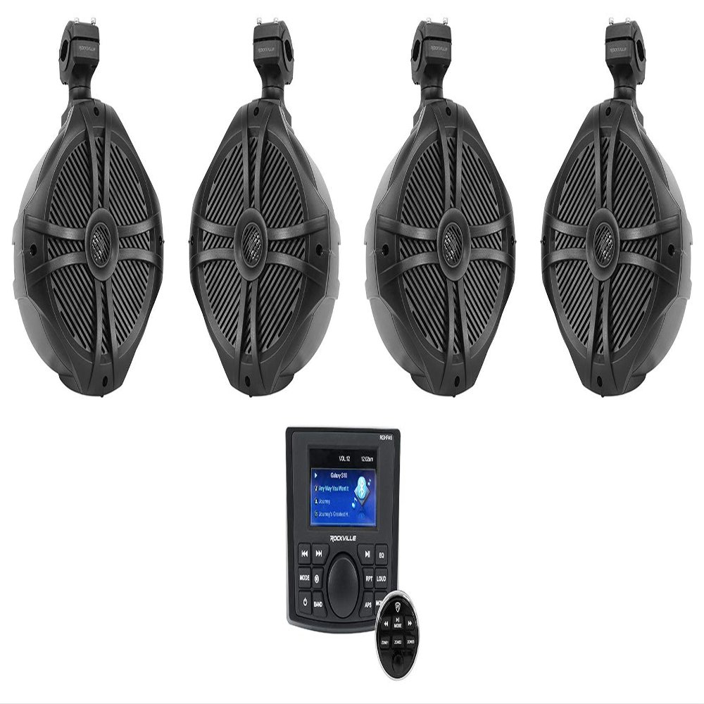 Rockville Marine Audio Bundle: (4) RWB90B 300-Watt 8" Wakeboard Tower Speakers, 360 Swivel, Waterproof, RGHR45 4-Zone Marine Gauge Hole Receiver with Bluetooth, Wired Remote, 5-Items