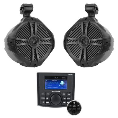 Rockville Marine Speaker Bundle: RGHR45 4 Zone Bluetooth Receiver, 2X RWB90B 8" 300w Wakeboard Speakers, Black with Wired Remote, 3-Items