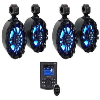 Rockville RGHR45 Bundle: 4-Zone Marine Gauge-Hole Receiver w/Bluetooth, Wired Remote, (2) Pair WB65KLED Black 6.5-in 150-Watt RMS/300-Watt Peak LED Wakeboard Tower Speakers, 3-Items