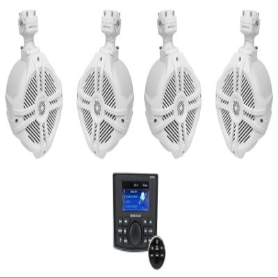 Rockville RGHR45 Bundle: 4-Zone Marine Bluetooth Receiver, (4) RWB70W 6.5" White 250W Peak / 150W RMS Marine Wakeboard Speakers with 360 Swivel, 5-Items