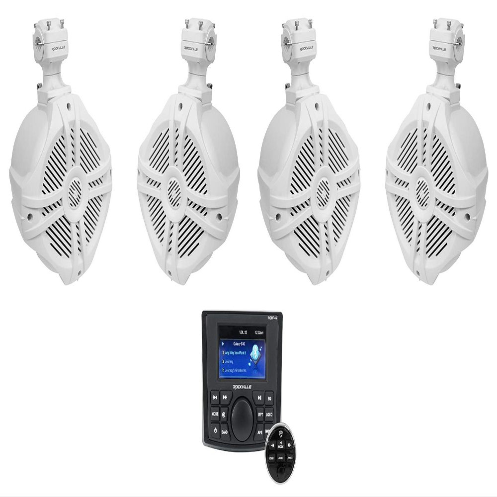 Rockville RGHR45 Bundle: 4-Zone Marine Bluetooth Receiver, (4) RWB70W 6.5" White 250W Peak / 150W RMS Marine Wakeboard Speakers with 360 Swivel, 5-Items