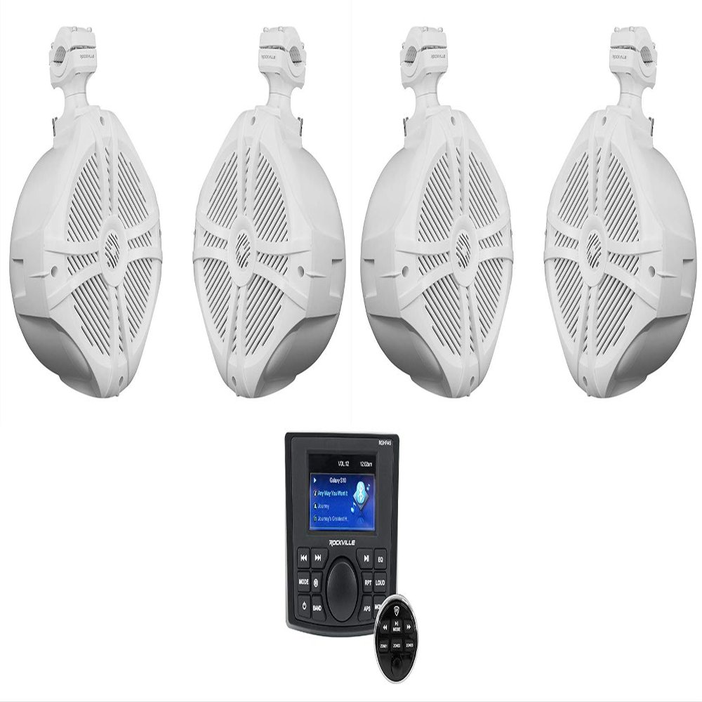 Rockville RWB90W Bundle: (4) 8 in 300W Peak / 200W RMS Marine Wakeboard 360 Swivel Tower Speakers, RGHR45 4-Zone Gauge-Hole Bluetooth Receiver with USB, AM/FM, Wired Remote, 5-Items