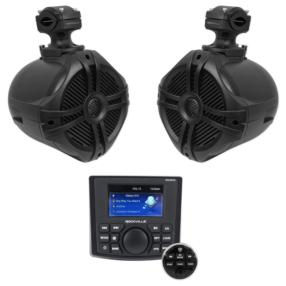 Rockville RGHR45 Bundle: 1 Marine Gauge Hole Receiver w/Bluetooth, USB, AM/FM + (1) Pair RWB70B Black 6.5" 250W Marine Wakeboard 360 Swivel Tower Speakers, Waterproof, 3-Items