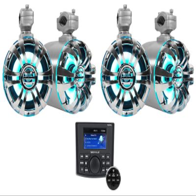 Rockville WB65KLED Bundle: (4) 6.5-in 300-Watt Peak / 150-Watt RMS Metal Marine Wakeboard Tower Speakers, RGHR45 4-Zone Gauge-Hole Receiver Wired Remote, 5-Items
