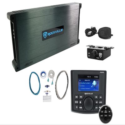 Rockville RGHR45 4 Zone Marine Receiver w/Bluetooth Bundle DBM65 6-Channe Amplifier RMWK4 Waterproof Marine Amplifier/Amp Install Wire Kit MRCA25 Cable (4 Items)