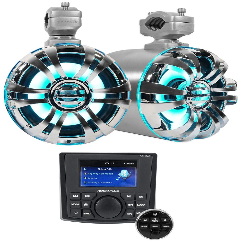 Rockville RGHR45 + WB65KLED Bundle: 4-Zone Marine Gauge Hole Bluetooth Receiver, (1) Pair 6.5" Marine Wakeboard LED Tower Speakers, 150W RMS / 300W Peak, Waterproof, for UTV/Boat/Jeep, 3-Items