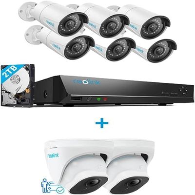 REOLINK 5MP PoE Security Camera System Bundle, 6pcs IP Cameras, 2pcs Person/Vehicle Detection Smart Cameras,a 8CH NVR Pre-Installed with 2TB HDD(Include 6 x 18M Cat5 Cable)
