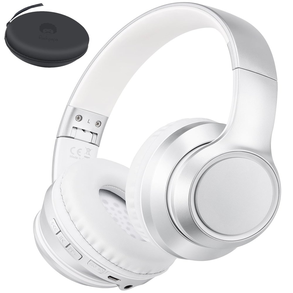 rockpapa E8 Over The Ear Bluetooth Headphones with Microphone for Kid Children Boy Girl Youth Teen Adult, Foldable Wired/Wireless Headphones with Mic, Include Travel Case, Silver