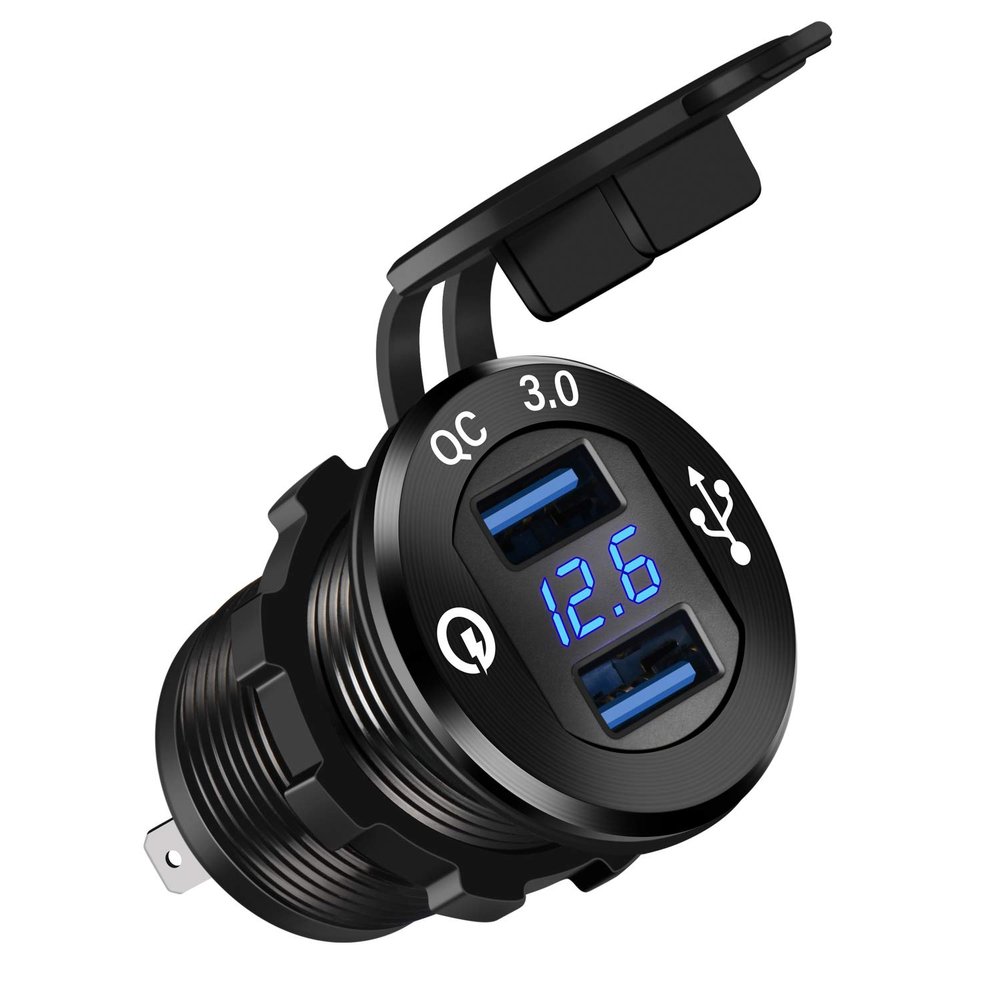 BTRLIACY Quick Charge 3.0 Charger Waterproof 12V/24V Dual USB with LED Digital Voltmeter for Car Truck Boat Marine