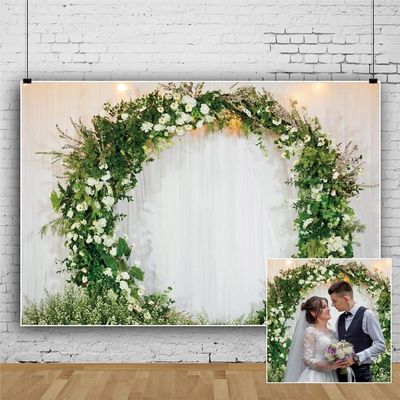 OERJU 10x7ft Romantic Wedding Backdrop 3D Arched Wreath White Curtain Bridal Floral Wall Photography Background Valentine's Day Bridal Shower Reception Ceremony Decor Banner Vinyl Wallpaper