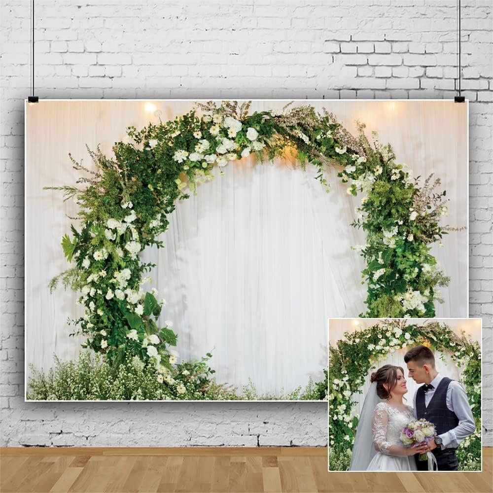 OERJU 10x7ft Romantic Wedding Backdrop 3D Arched Wreath White Curtain Bridal Floral Wall Photography Background Valentine's Day Bridal Shower Reception Ceremony Decor Banner Vinyl Wallpaper