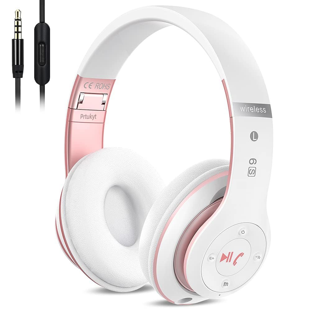 Prtukyt 6S Wireless Bluetooth Headphones Over Ear, Hi-Fi Stereo Foldable Wireless Stereo Headsets Earbuds with Built-in Mic, Volume Control, FM for Phone/PC (White & Rose Gold)