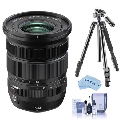 Fujifilm XF 10-24mm f/4 R OIS WR Lens, Bundle with Takama 3-Section Aluminum Video Tripod with Fluid Head, Cleaning Kit, Microfiber Cloth