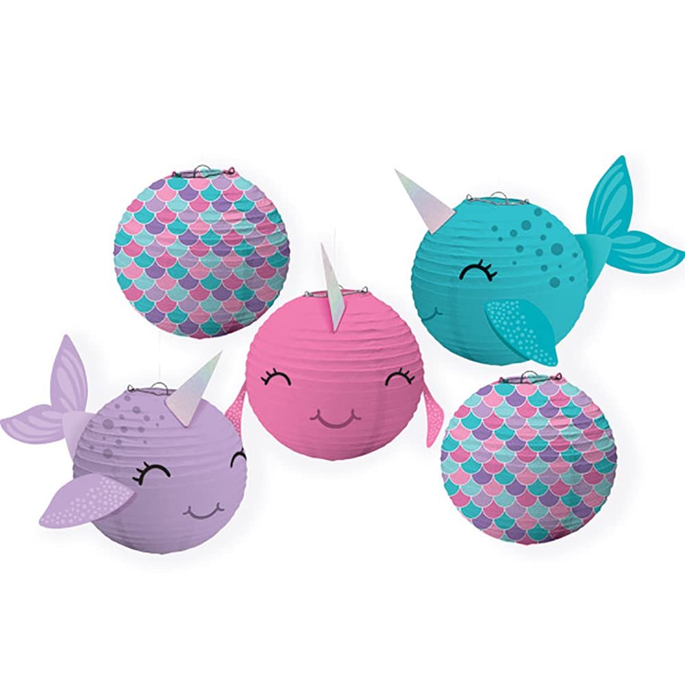 Shimmering Mermaids Mini Narwhal Lanterns - 5" (Pack of 5) - Paper Lanterns with Wire Frame - Enchanting & Unique Decorative Lighting for Parties, Events, and Home Decor