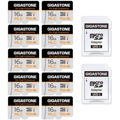 [10x High Endurance] GIGASTONE Industrial 16GB MLC Micro SD Card 10-Pack, 4K Video Recording, Security Cam, Dash Cam, Surveillance Compatible 95MB/s, U3 C10, with Adapter [5-Yrs Free Data Recovery]