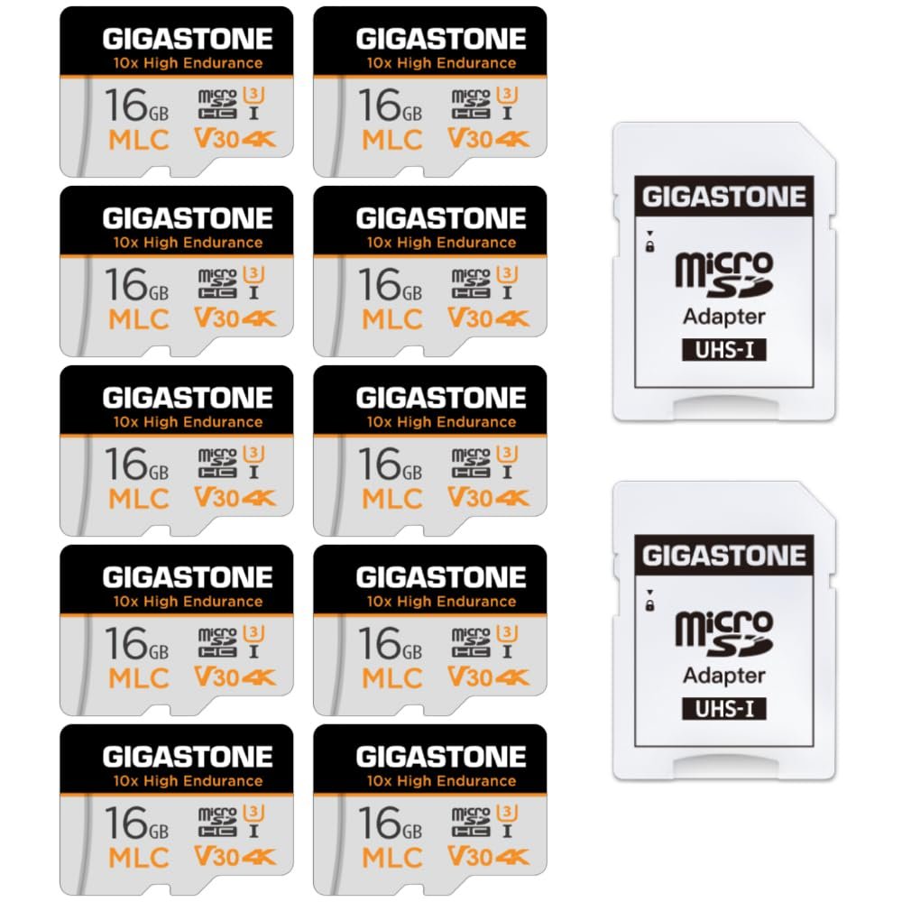[10x High Endurance] GIGASTONE Industrial 16GB MLC Micro SD Card 10-Pack, 4K Video Recording, Security Cam, Dash Cam, Surveillance Compatible 95MB/s, U3 C10, with Adapter [5-Yrs Free Data Recovery]