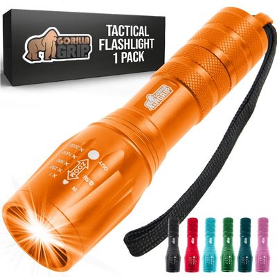 GORILLA GRIP Powerful LED Tactical Flashlight, 750 FT High Lumens 5 Adjustable Modes, Water Resistant, Ultra Bright Zoom Flashlights, Small Mini Flash Light, Camping, Night Dog Walking, Orange