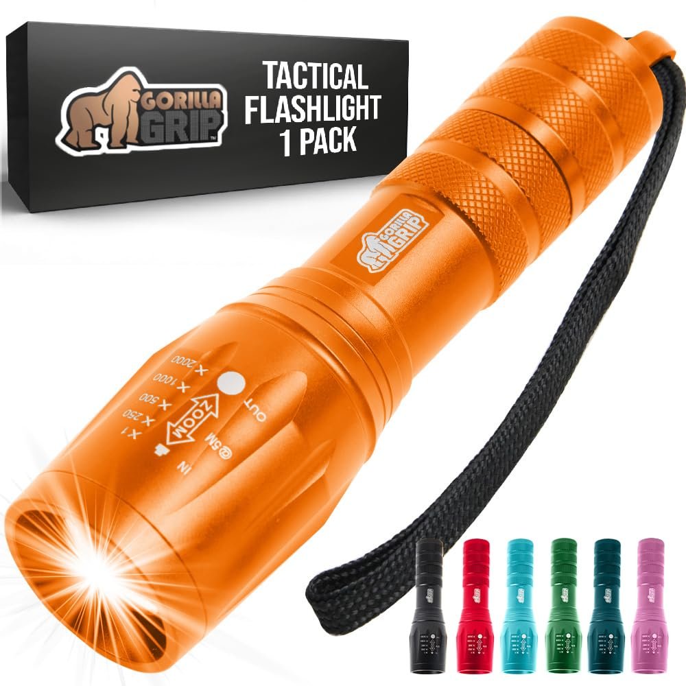 GORILLA GRIP Powerful LED Tactical Flashlight, 750 FT High Lumens 5 Adjustable Modes, Water Resistant, Ultra Bright Zoom Flashlights, Small Mini Flash Light, Camping, Night Dog Walking, Orange