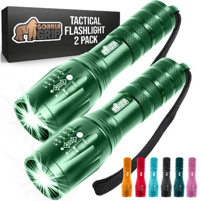 GORILLA GRIP Powerful LED Tactical Flashlight, 750 FT High Lumens 5 Adjustable Modes, Water Resistant, Ultra Bright Zoom Flashlights, Small Mini Flash Light, Camping, Night Dog Walking, 2 Pack Green