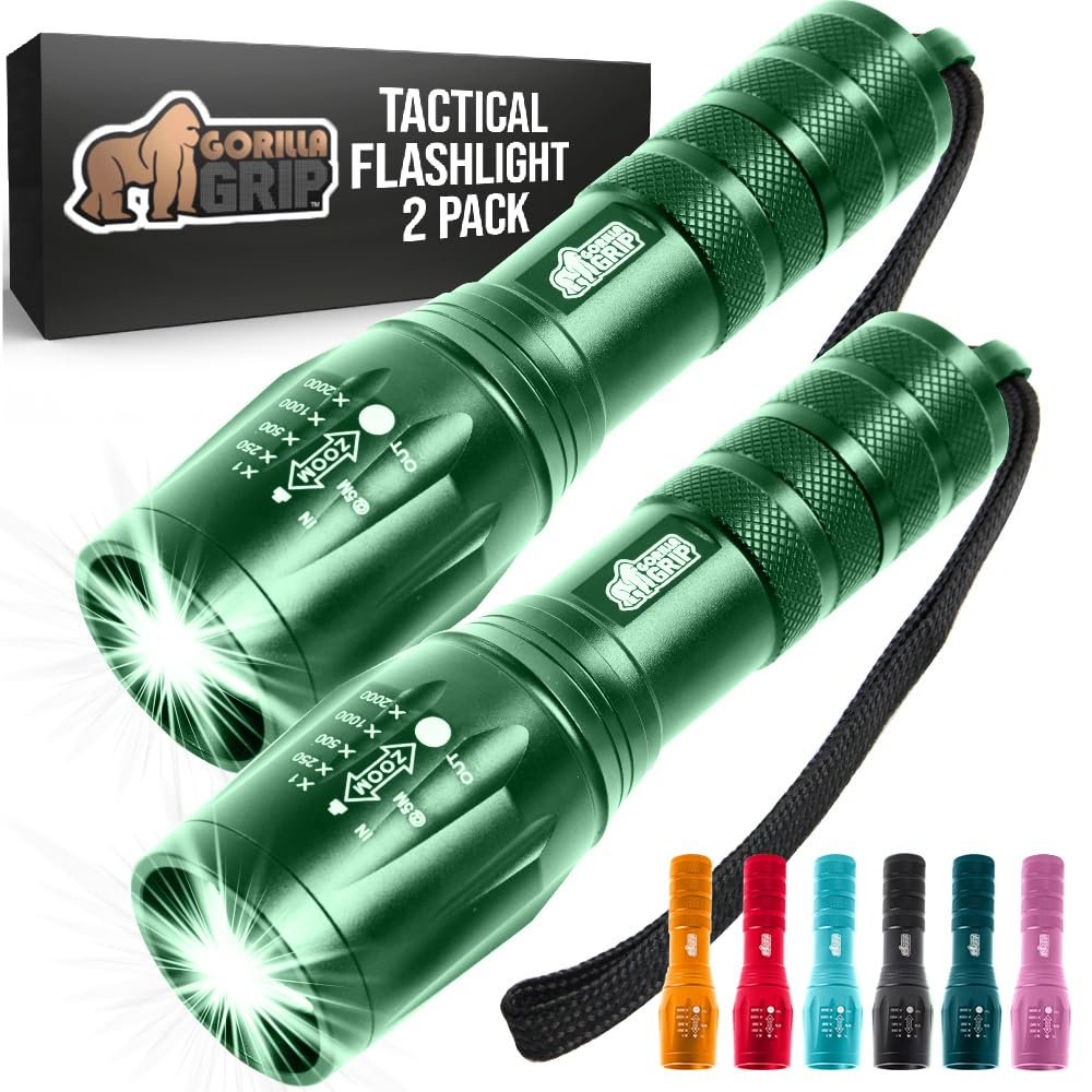 GORILLA GRIP Powerful LED Tactical Flashlight, 750 FT High Lumens 5 Adjustable Modes, Water Resistant, Ultra Bright Zoom Flashlights, Small Mini Flash Light, Camping, Night Dog Walking, 2 Pack Green