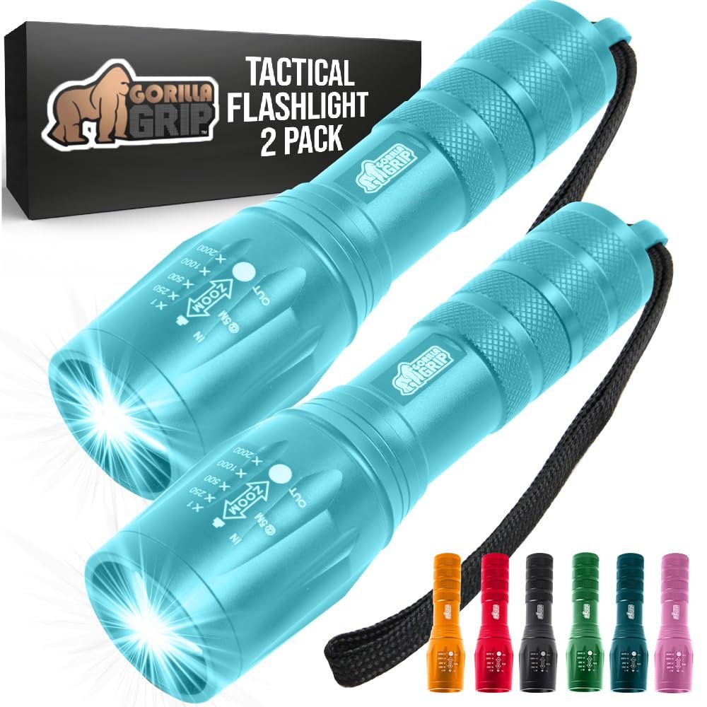 GORILLA GRIP Powerful LED Tactical Flashlight, 750 FT High Lumens 5 Adjustable Modes, Water Resistant, Ultra Bright Flashlights, Small Mini Flash Light, Camping, Night Dog Walking, 2 Pack Turquoise