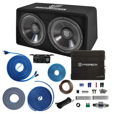 PRORECK PR-122M 1500W Dual 12" Car Subwoofer Enclosure Audio with SubwooferMono Block Amplifier and Wiring Installation Kit