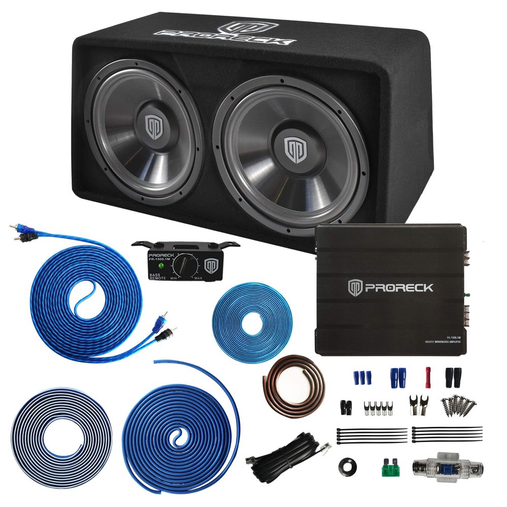 PRORECK PR-122M 1500W Dual 12" Car Subwoofer Enclosure Audio with SubwooferMono Block Amplifier and Wiring Installation Kit
