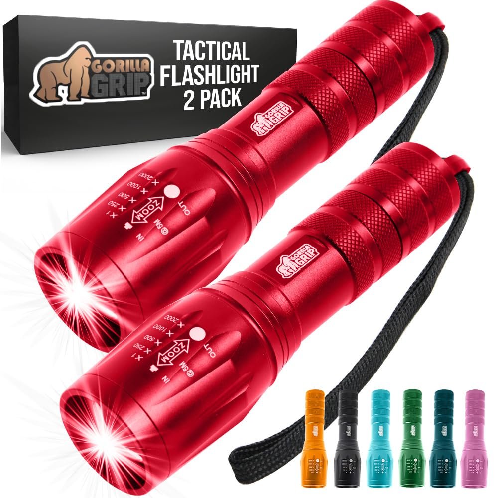 GORILLA GRIP Powerful LED Tactical Flashlight, 750 FT High Lumens 5 Adjustable Modes, Water Resistant, Ultra Bright Zoom Flashlights, Small Mini Flash Light, Camping, Night Dog Walking, 2 Pack Red