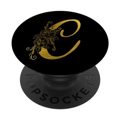 Initial C Letter Floral Rose 0n Matte Black PopSockets PopGrip: Swappable Grip for Phones & Tablets