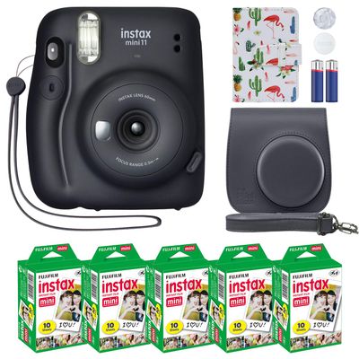 Fujifilm Instax Mini 11 Instant Camera Charcoal Gray + MiniMate Accessory Bundle & Compatible Custom Case + Fuji Instax Film Value Pack (50 Sheets) Flamingo Designer Photo Album