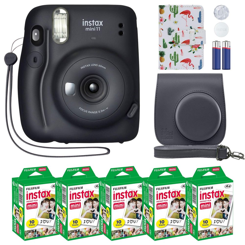 Fujifilm Instax Mini 11 Instant Camera Charcoal Gray + MiniMate Accessory Bundle & Compatible Custom Case + Fuji Instax Film Value Pack (50 Sheets) Flamingo Designer Photo Album